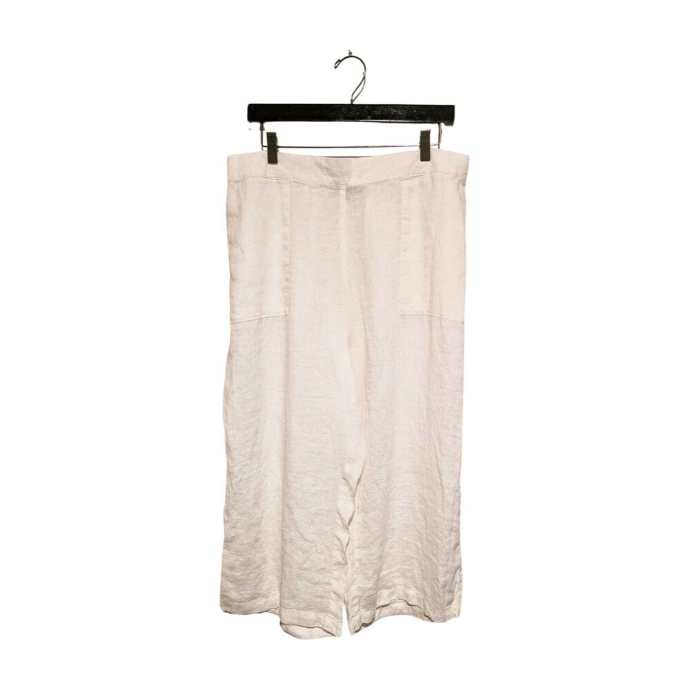 FLAX White Linen Summer L Capri Wide Leg Pants Linen Big Pocket Comfortable